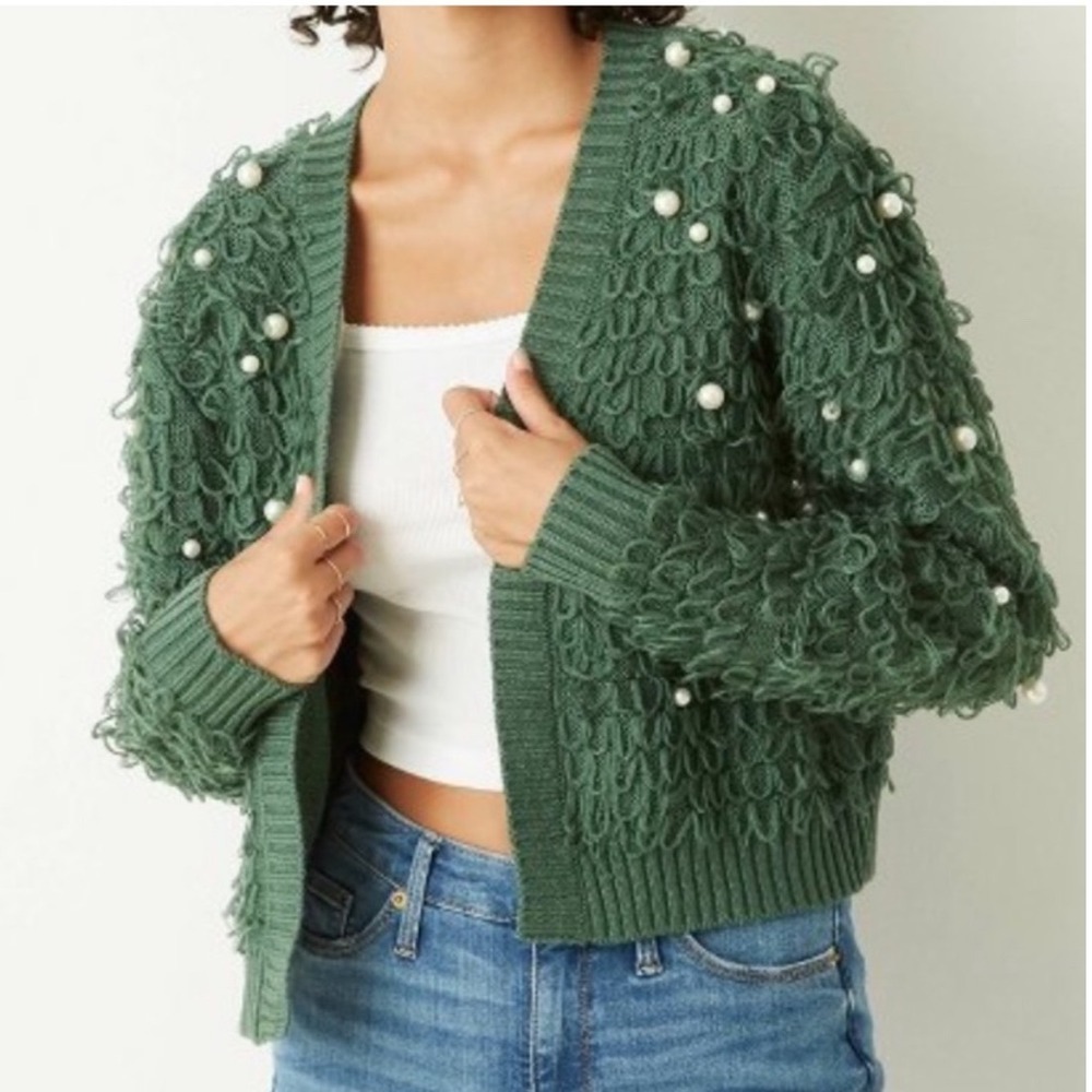 Mighty Fine Green Holiday Loop and Pearl Cardigan Size Small Cottagecore Festive